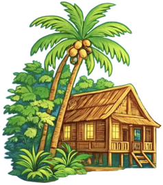A tropical beach hut surrounded by palm trees and lush greenery.