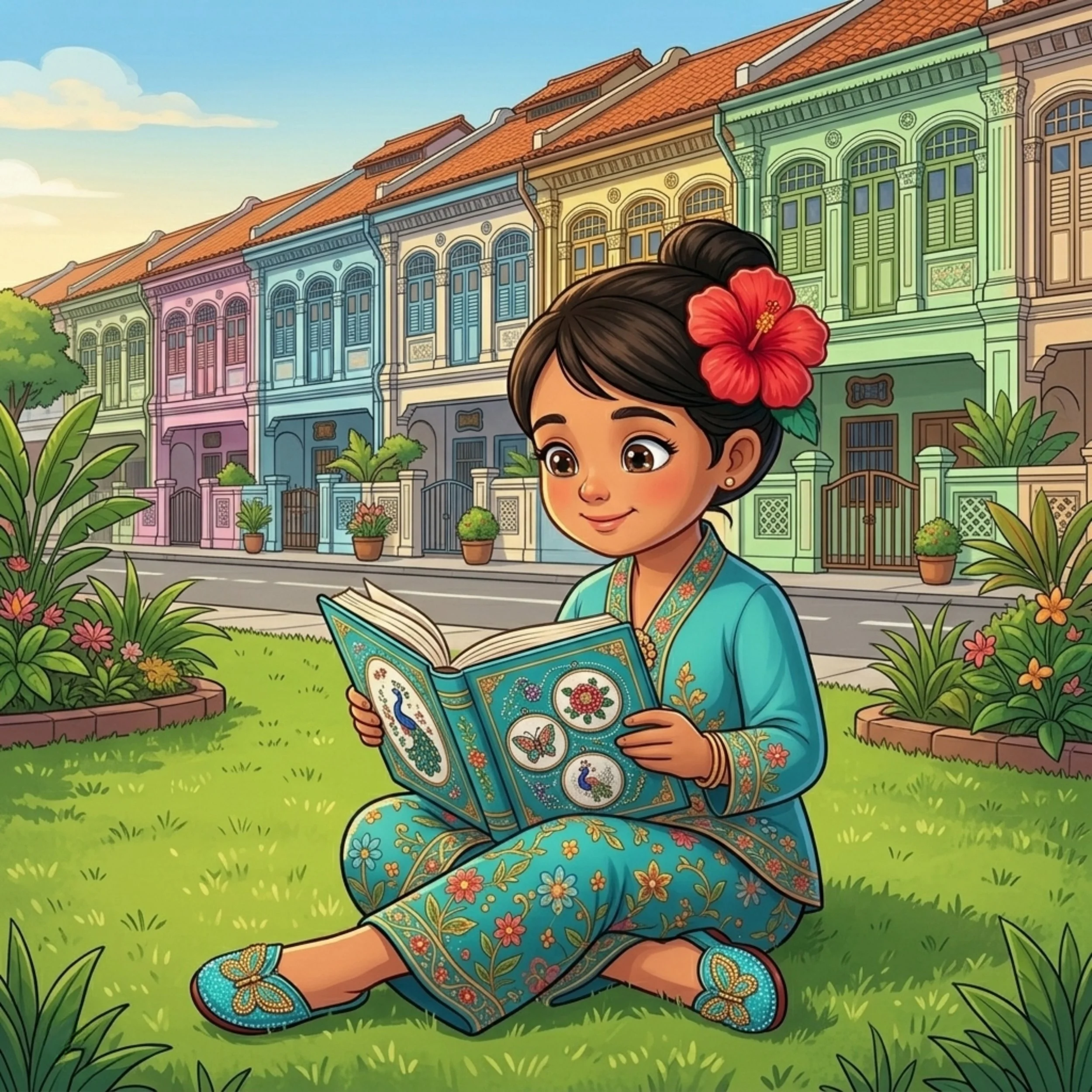 A young girl in a colorful dress with floral patterns, a red hibiscus in her hair, sitting on the grass, reading a book with peacock and butterfly illustrations, in a neighborhood with pastel-colored row houses and lush plants.