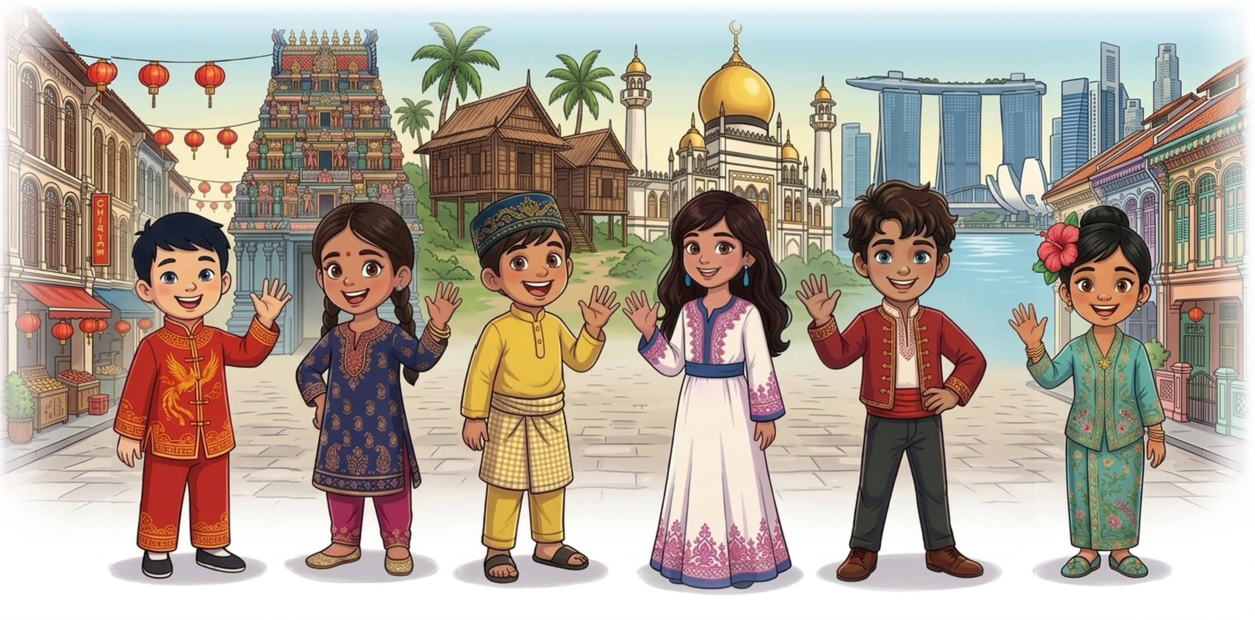 Illustration of diverse children in traditional Asian attire, waving and smiling, set against iconic landmarks of Singapore including the Marina Bay Sands hotel, Gardens by the Bay, and the Sultan Mosque, with historic shophouses and lantern decorations on the street.