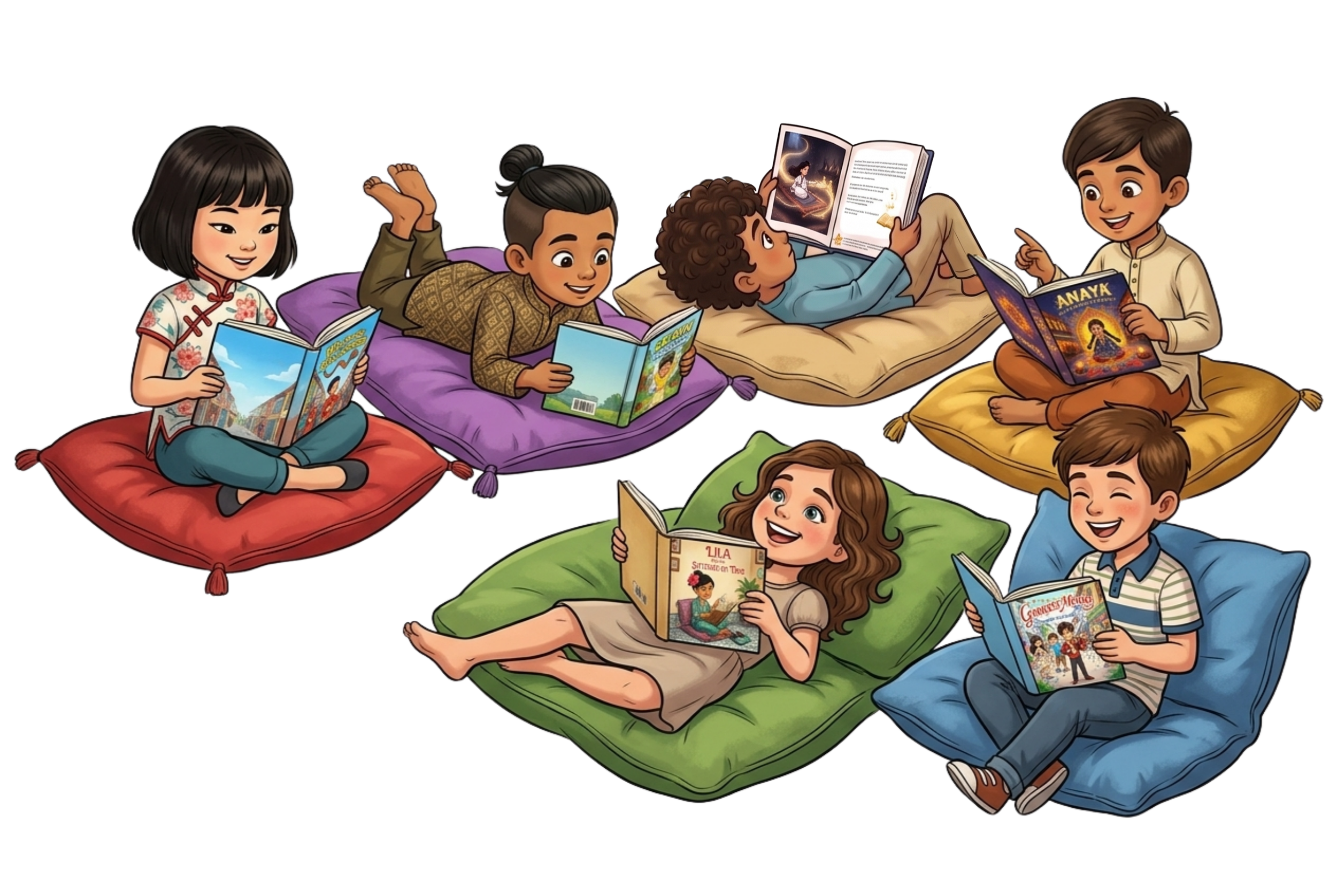 Young children sitting and lying on colorful cushions reading books, smiling and engaging in a group reading activity.