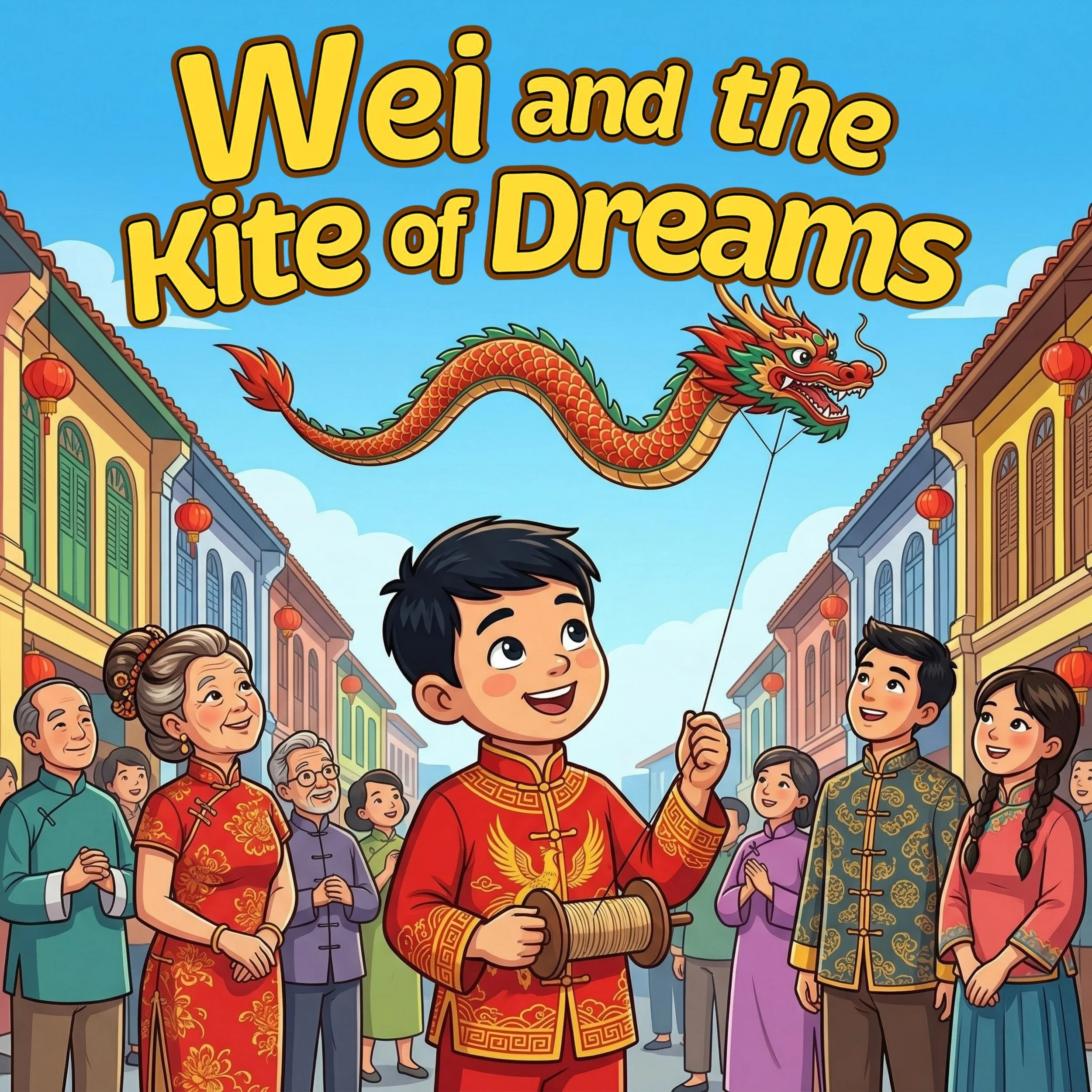 Illustration of a young boy with a kite in the shape of a dragon flying in the sky, surrounded by cheering adults in traditional Chinese clothing, on a colorful street decorated with red lanterns, with a bright blue sky overhead.