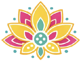 Colorful stylized lotus flower design with yellow, pink, and teal petals and decorative dots
