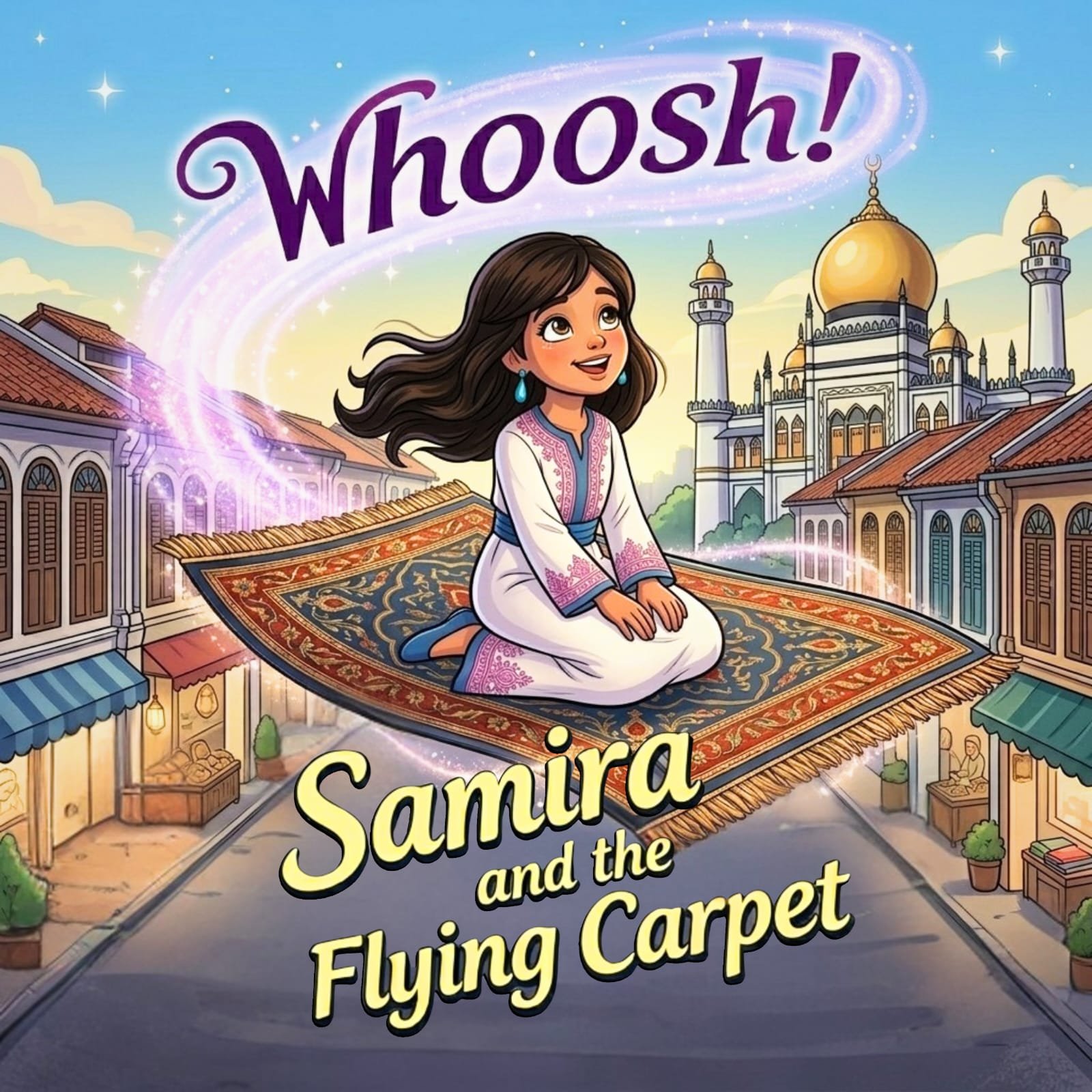 Illustration of a young girl sitting cross-legged on a flying carpet above a marketplace with buildings and a grand palace in the background. The sky has a magical glow with stars and a swirl of light, and the word 'Whoosh!' appears above her head. Text reads 'Samira and the Flying Carpet'.