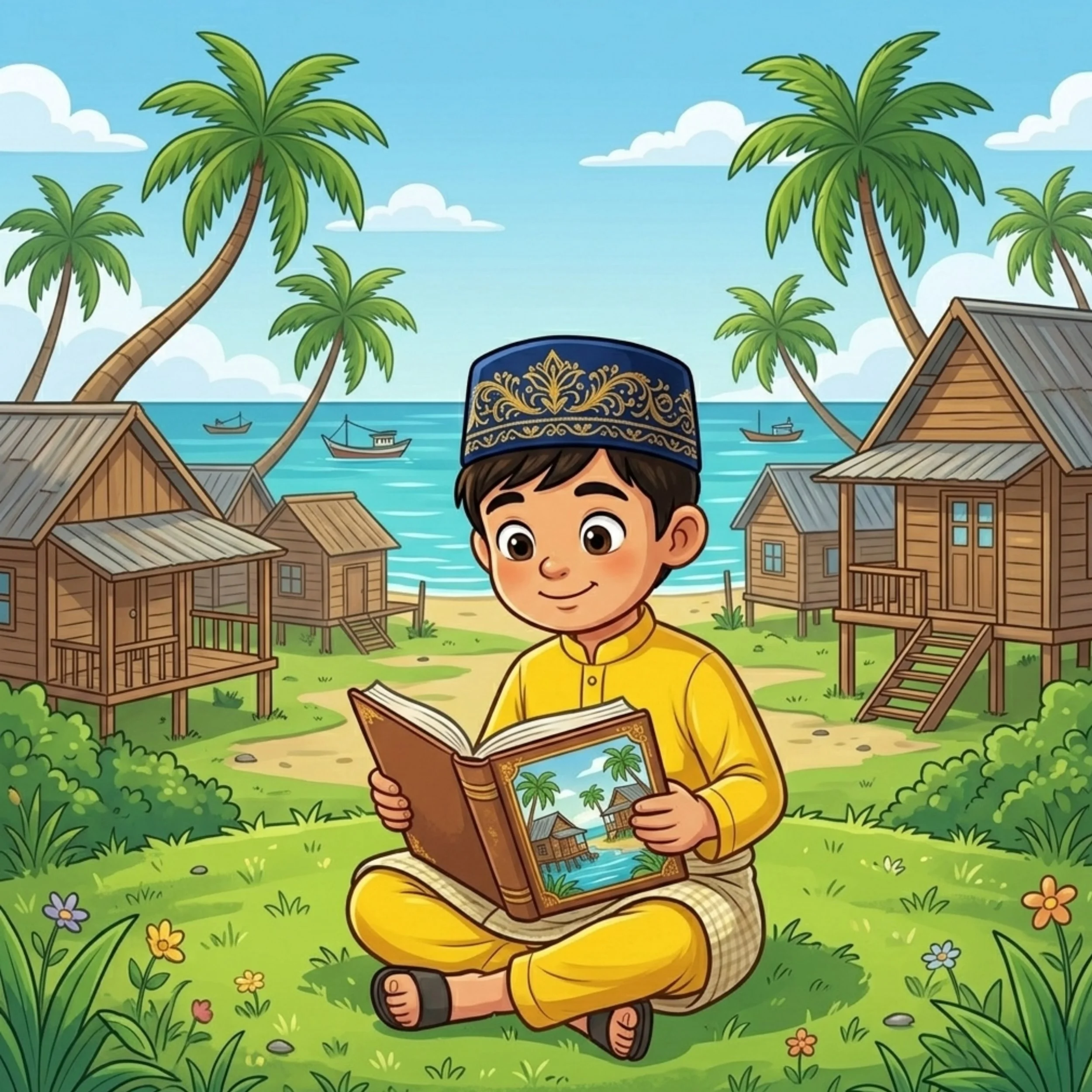 A young boy in yellow traditional clothing and a blue Islamic cap reading a picture book about a tropical beach with palm trees and overwater bavilions, sitting cross-legged on a lush grassy area with flowers, near wooden stilt houses by the water, under a sunny sky with clouds and boats in the ocean.