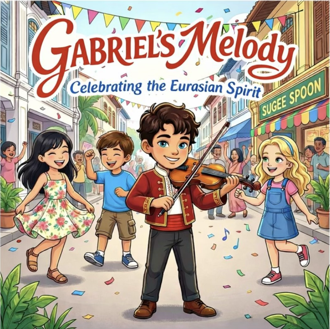 A colorful illustration of children celebrating a festival on a lively street, with a boy playing the violin, others dancing and cheering, decorated with banners and confetti, with a sign for SUGEE SPOON and a banner reading 'Gabriel's Melody: Celebrating the Eurasian Spirit'.