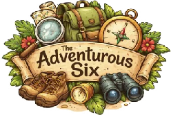Logo for 'The Adventurous Six' featuring hiking gear, flowers, a compass, binoculars, and a banner with the title.