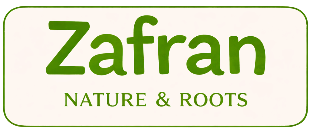 Zafran Nature & Roots logo with green text on a white background