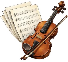 A violin placed on sheet music with musical notes.