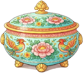 Decorative ornate jewelry box with floral and bird designs, topped with a golden ornament