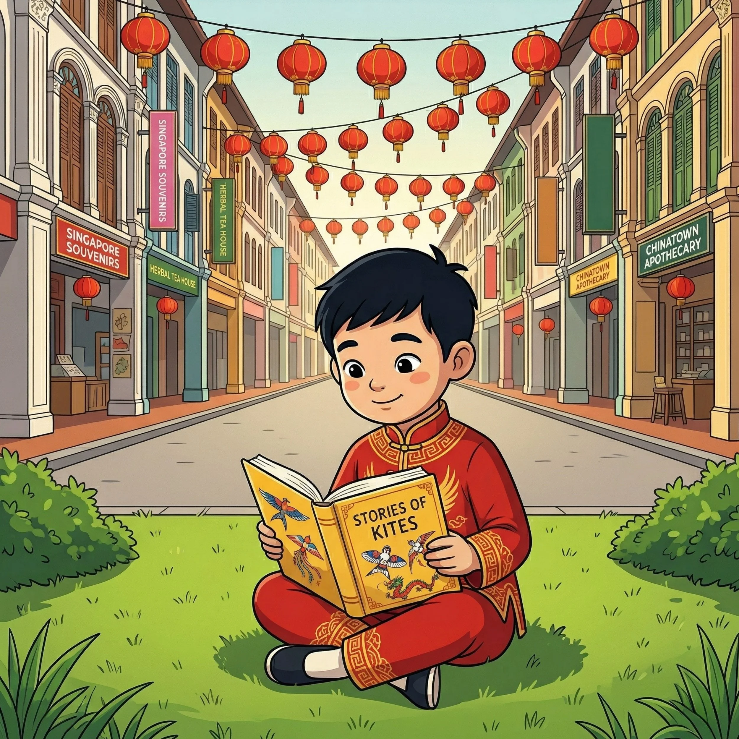 A young boy in traditional Chinese clothing sitting cross-legged on the grass, reading a book titled 'Stories of Kites' in a colorful street decorated with red lanterns, shops, and signs.