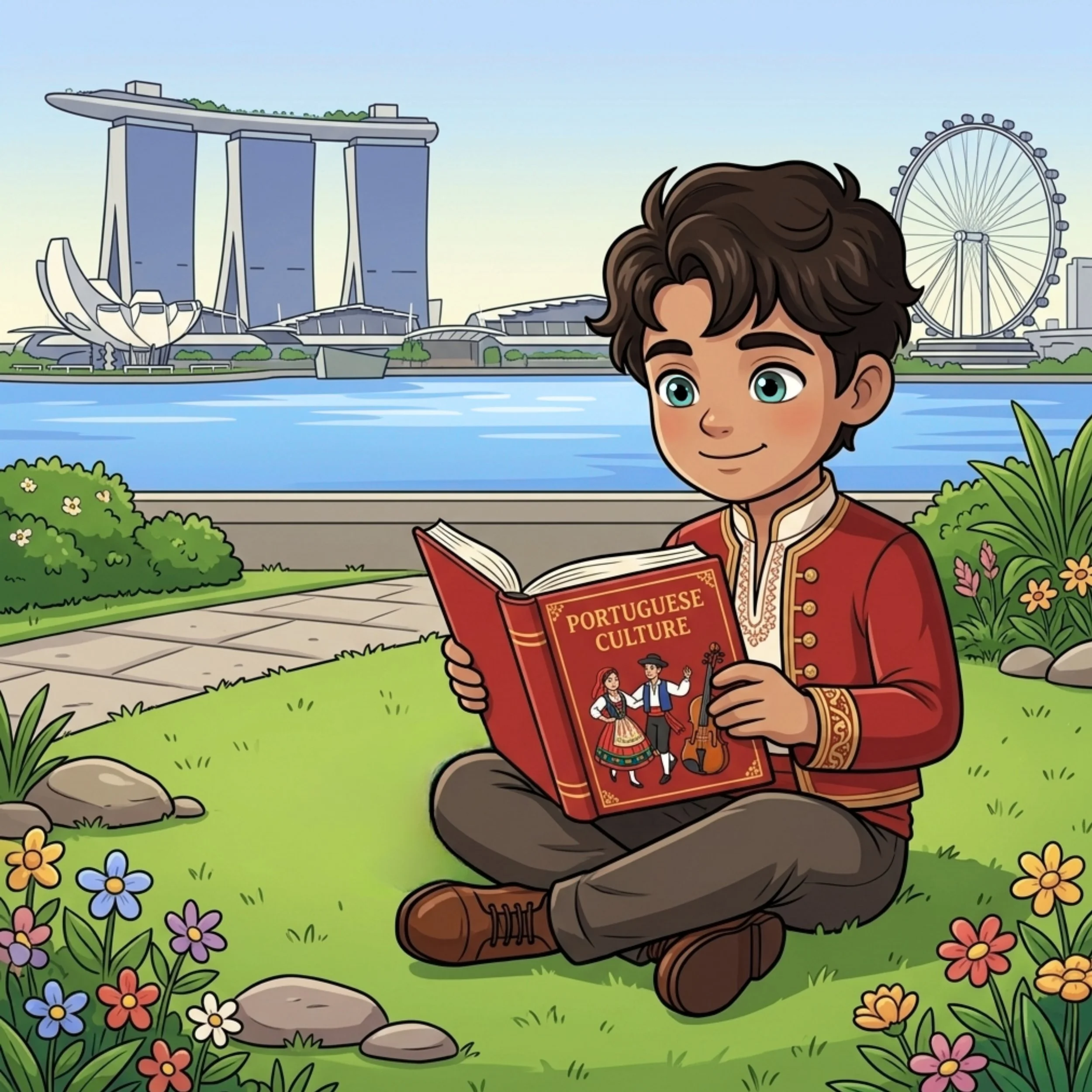 A young boy sitting cross-legged on the grass, reading a book titled 'Portuguese Culture,' with the Singapore skyline and the Ferris wheel in the background.