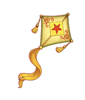 Colorful kite with a red star, gold tassels, and a yellow tail