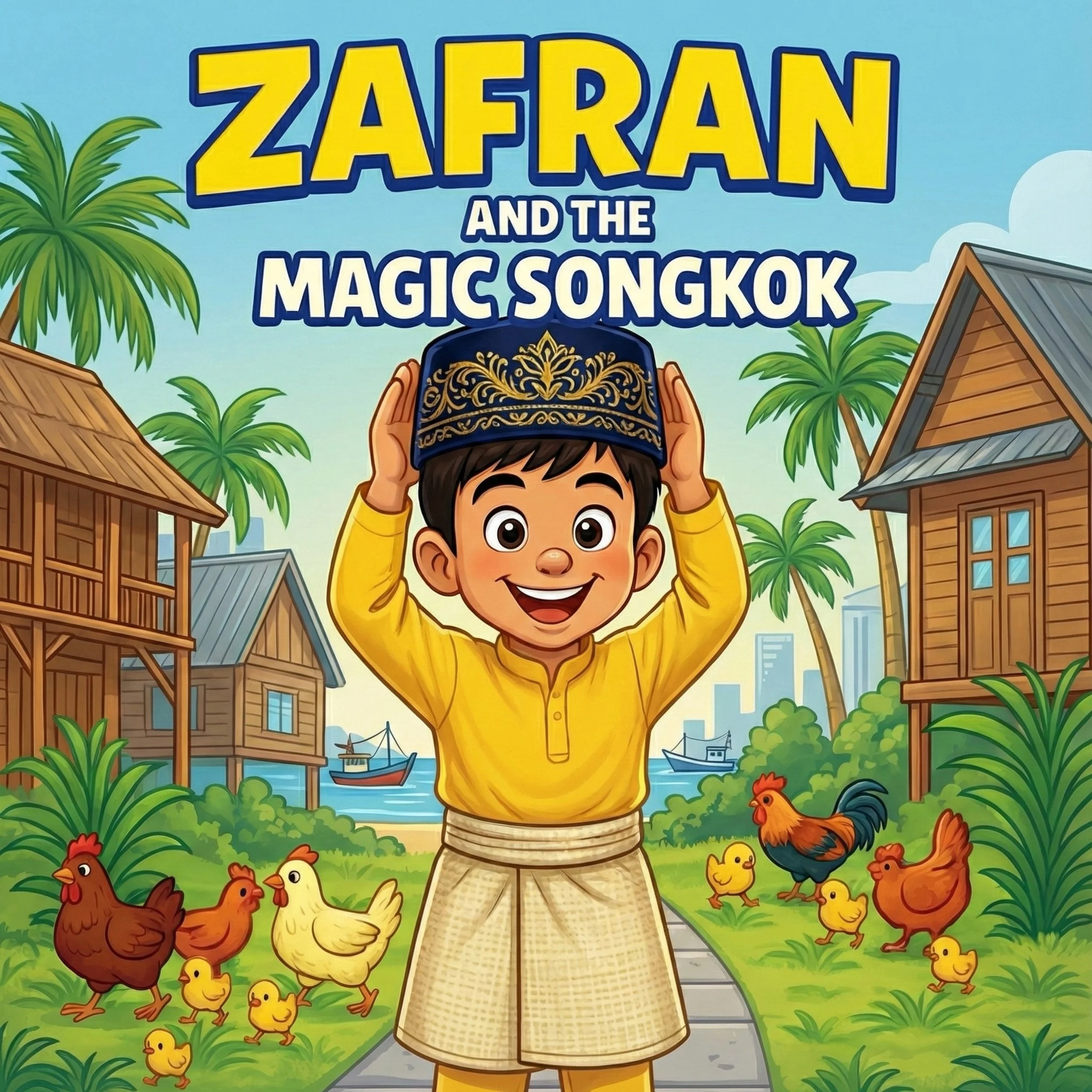 Cover of a children’s book titled "Zafran and the Magic Songkok" featuring a young boy in traditional Southeast Asian attire, holding a decorative dark blue and gold songkok hat on his head, standing on a path in a tropical village with chickens, ducks, wooden houses, palm trees, and boats in the background.