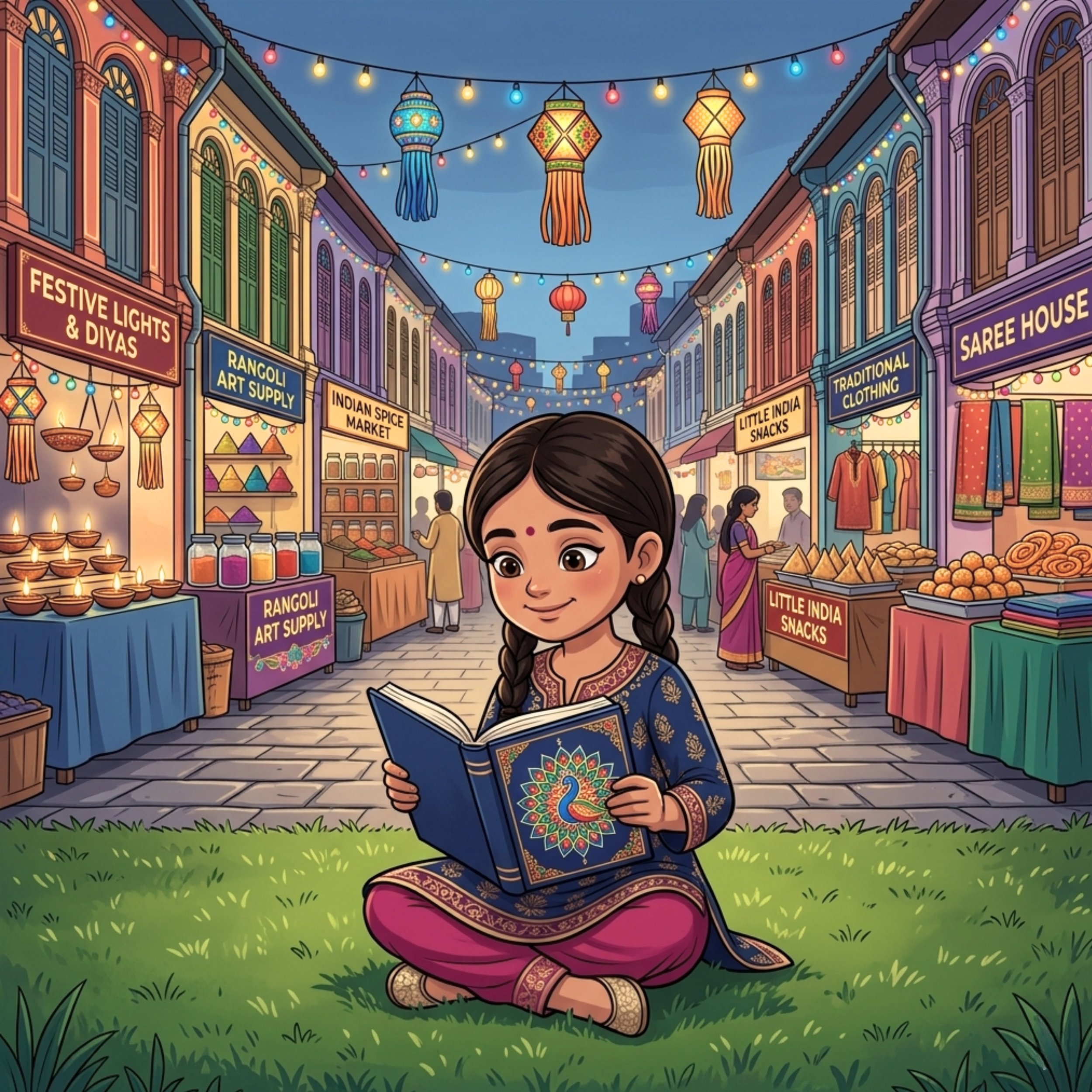 A young girl sitting on grass reading a book in a vibrant outdoor marketplace decorated with colorful lanterns, stalls selling spices, snacks, art supplies, and traditional clothing.
