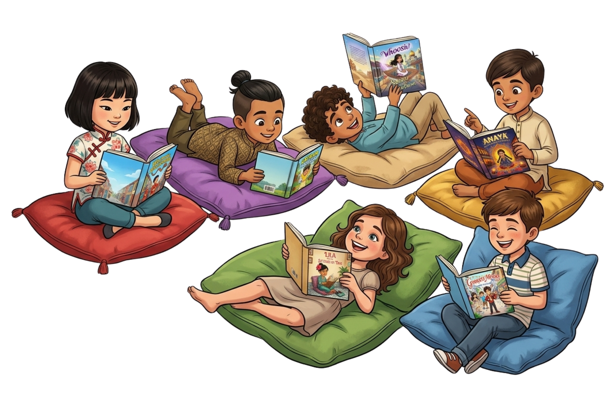 Five children, four girls and one boy, are lying on colorful cushions and reading books. They appear happy and engaged in reading, with some smiling and chatting. The cushions are purple, yellow, green, and red, arranged on a plain black background.