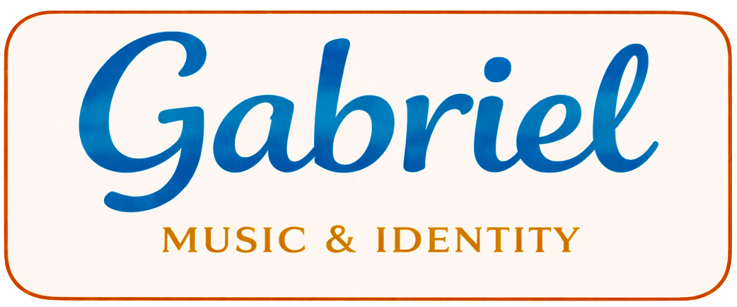 Graphic design with the name Gabriel in large blue cursive, and the subtitle 'Music & Identity' in smaller gold text.