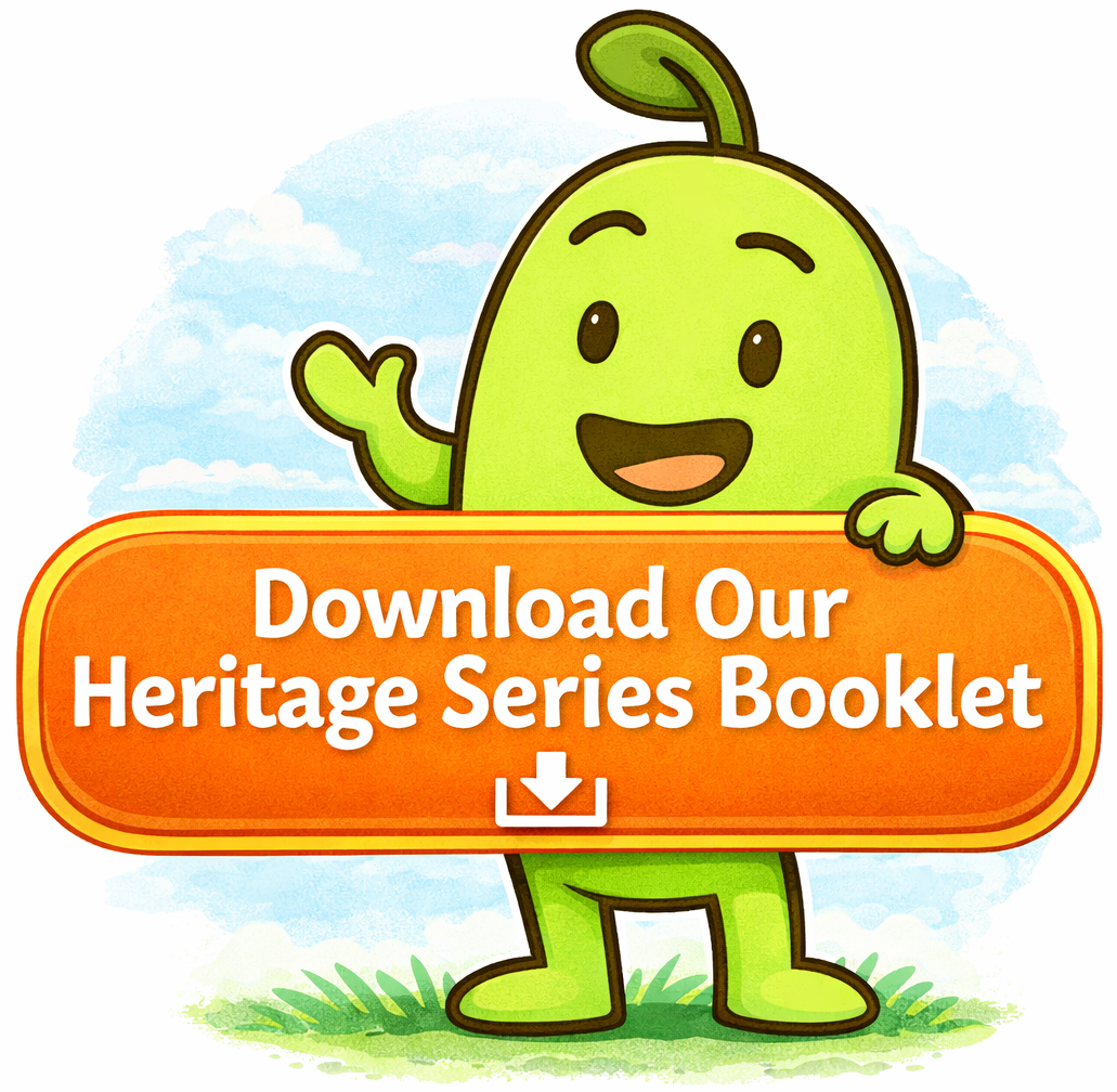 A cartoon character resembling a green pear with a leaf on top, waving and smiling, holding an orange sign that says 'Download Our Heritage Series Booklet' with a download icon.