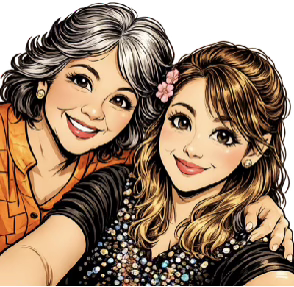 A cartoon illustration of two women smiling for a selfie. The older woman has gray hair and is wearing an orange top. The younger woman has long brown hair with a pink flower clip and is wearing a black top with sequins.