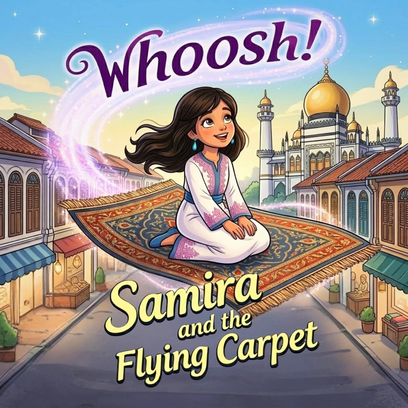 A young girl with long dark hair, wearing a white traditional outfit with pink embroidery, is sitting cross-legged on a flying carpet above a Middle Eastern town. In the background, there are colorful buildings and a golden-domed palace under a blue sky with clouds and stars. The image has the title 'Wooosh!' at the top and 'Samira and the Flying Carpet' at the bottom.