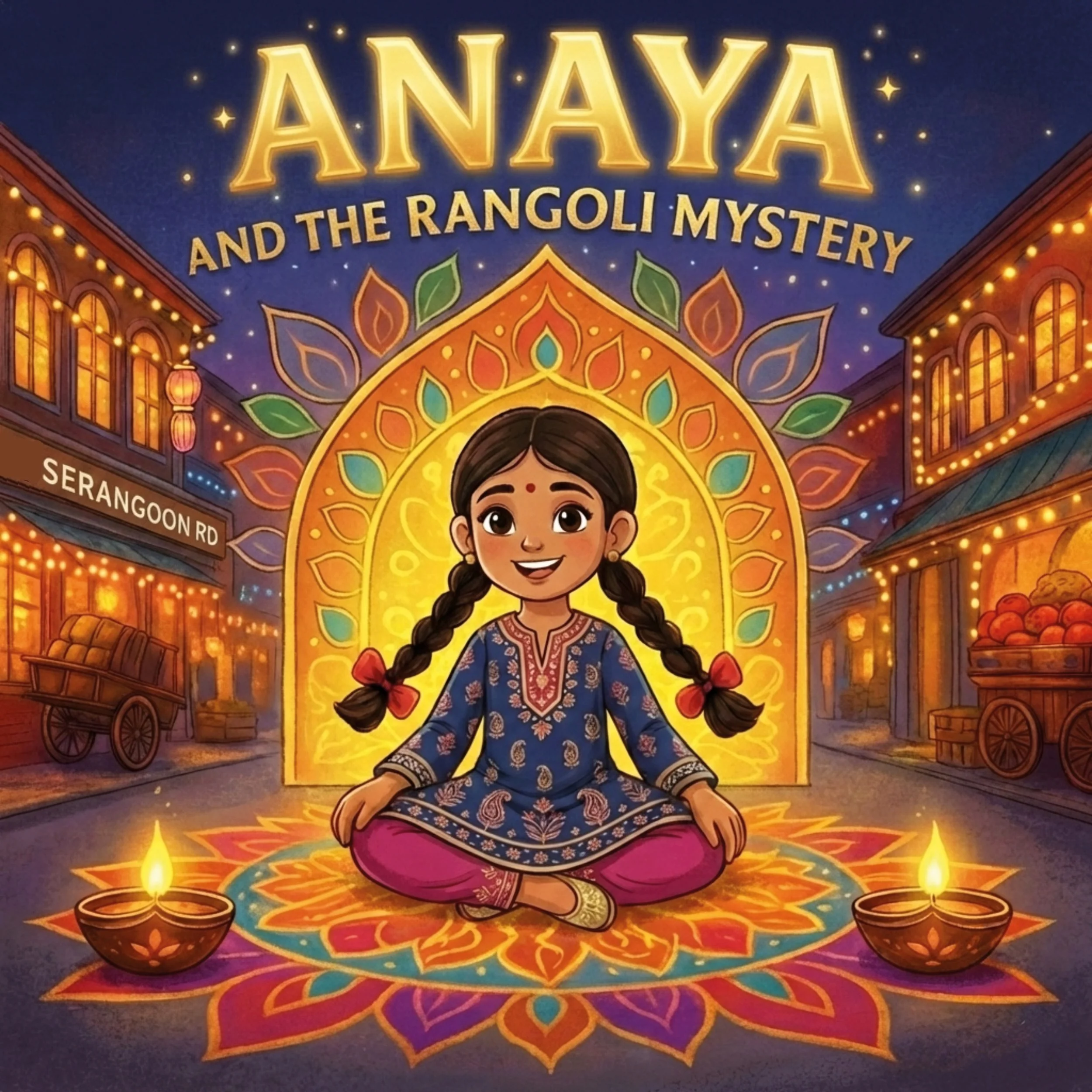 Colorful illustrated cover featuring a young girl with braids sitting cross-legged on a vibrant rangoli design, surrounded by lit oil lamps, with an illuminated background of a marketplace decorated with string lights. The title reads 'Anaya and the Rangoli Mystery' with a bright, glowing effect.