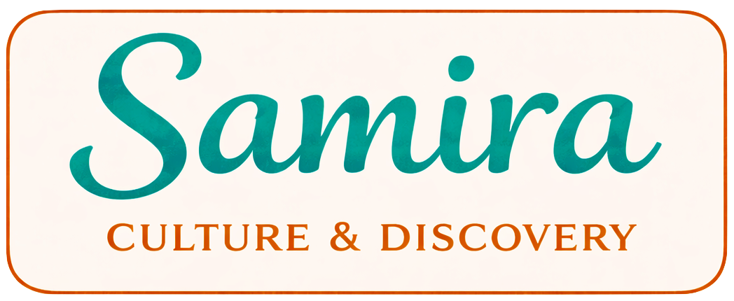 Logo with the text 'Samira' in teal cursive font, and 'Culture & Discovery' in orange uppercase letters below, on a white background with rounded corners.