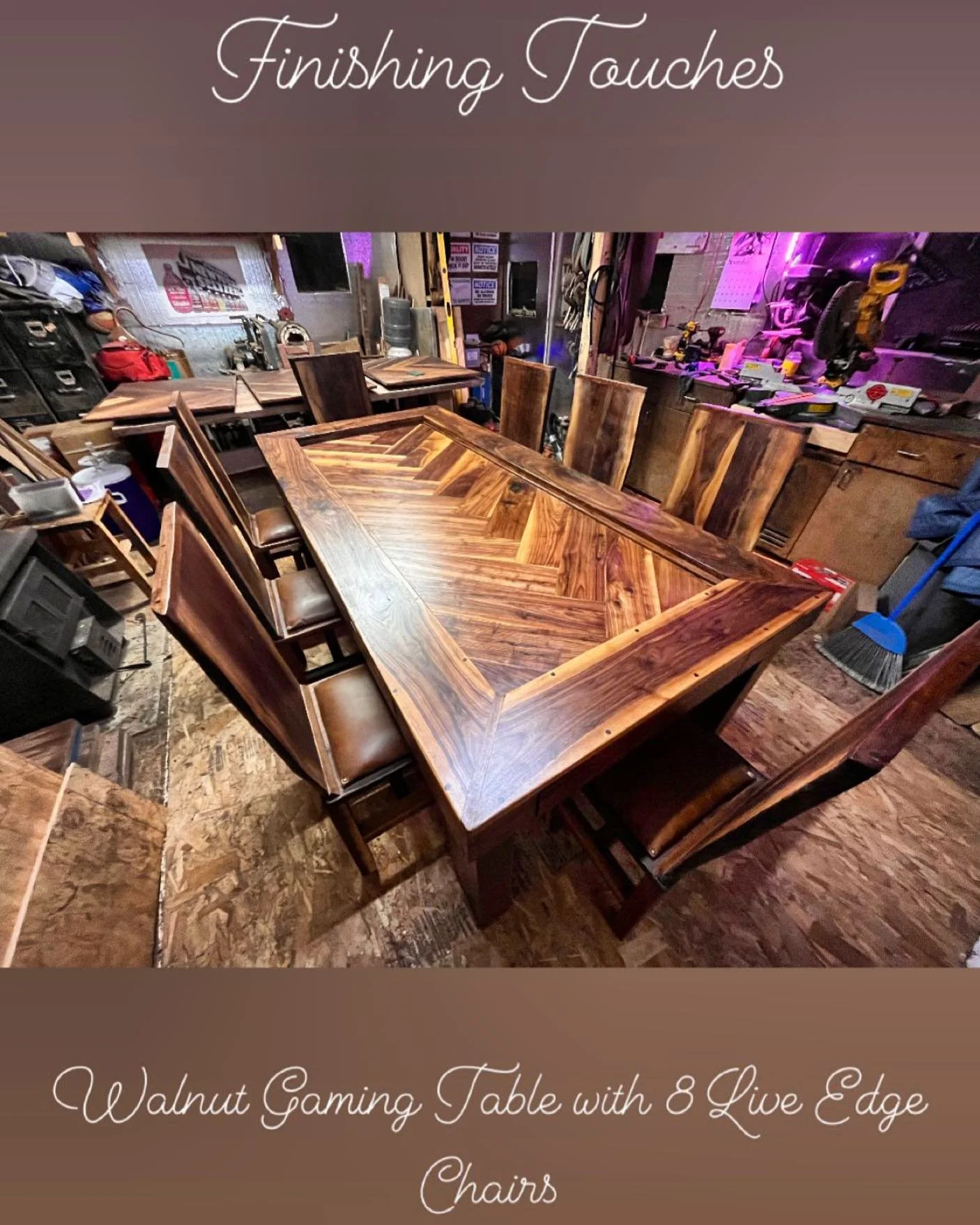 Custom Walnut Gaming Table with 8 Live Edge chairs

-48&rdquo;x96&rdquo;x32&rdquo;
-solid black walnut
-8 hidden drawers
.
.
.
.

#wood #woodworker #woodworkersofinstagram #smallbusiness #furniture #furnituremaker #diningtable #blackwalnut #walnuttab