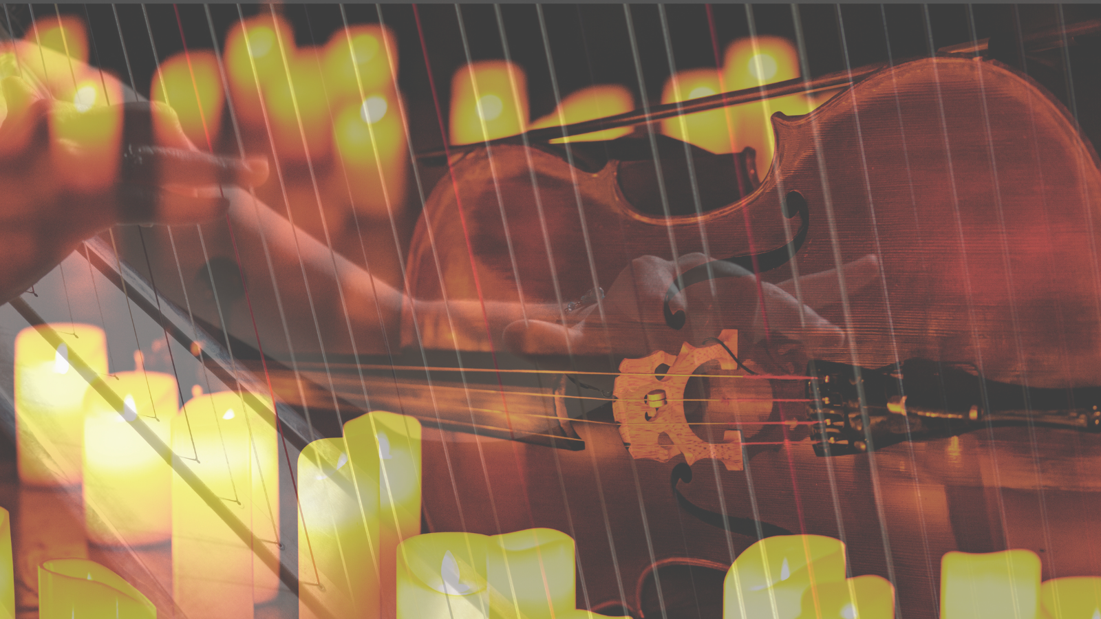 Harp strings with a cello and warm candles flicker in this layered scene.