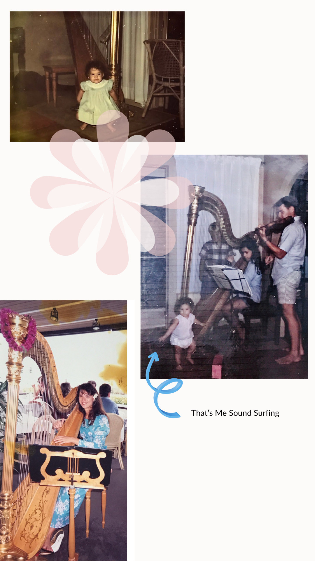 Collage showing Pumehana Wadsworth as a child with a harp, musical family traditions, and performing on gold harp at a restaurant