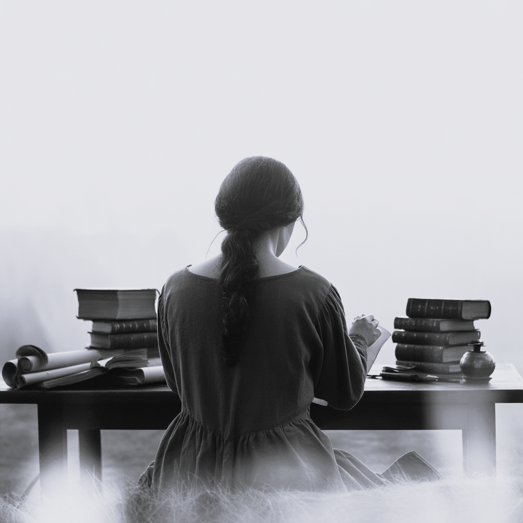 A woman with long hair sitting at a desk, reading a book, surrounded by stacks of books and papers in a black and white photo.
