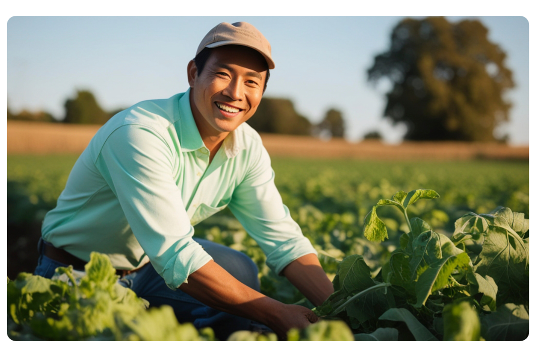 A man crouching in a green field, smiling, wearing a light green shirt and a beige cap, with trees and a clear sky in the background.