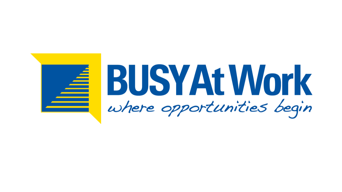 Logo for BUSY at Work with slogan 'where opportunities begin' in blue text.