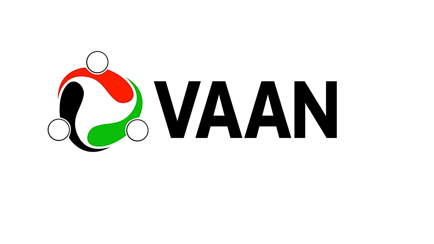 Logo with circular abstract design in black, red, green, and white, followed by the bold text 'VAAN' in black.