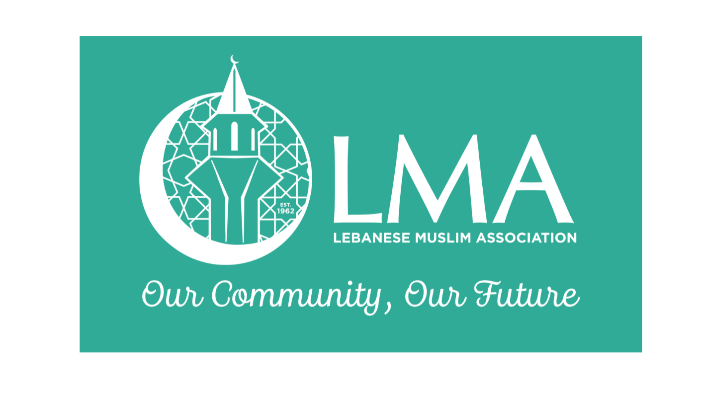 Logo of the Lebanese Muslim Association with text "Our Community, Our Future" on teal background.