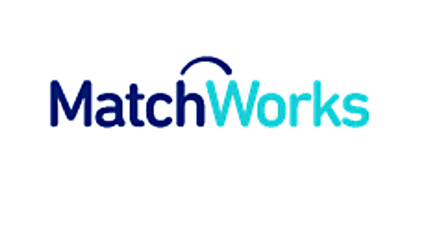 Logo for MatchWorks with the word 'Match' in dark blue and 'Works' in cyan, with a semi-circular arc above the 'W'.
