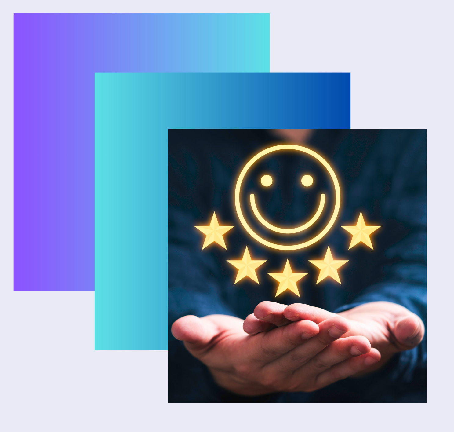 A person's hand holding a holographic display of a smiley face with five glowing stars below it, set against a dark, abstract background.
