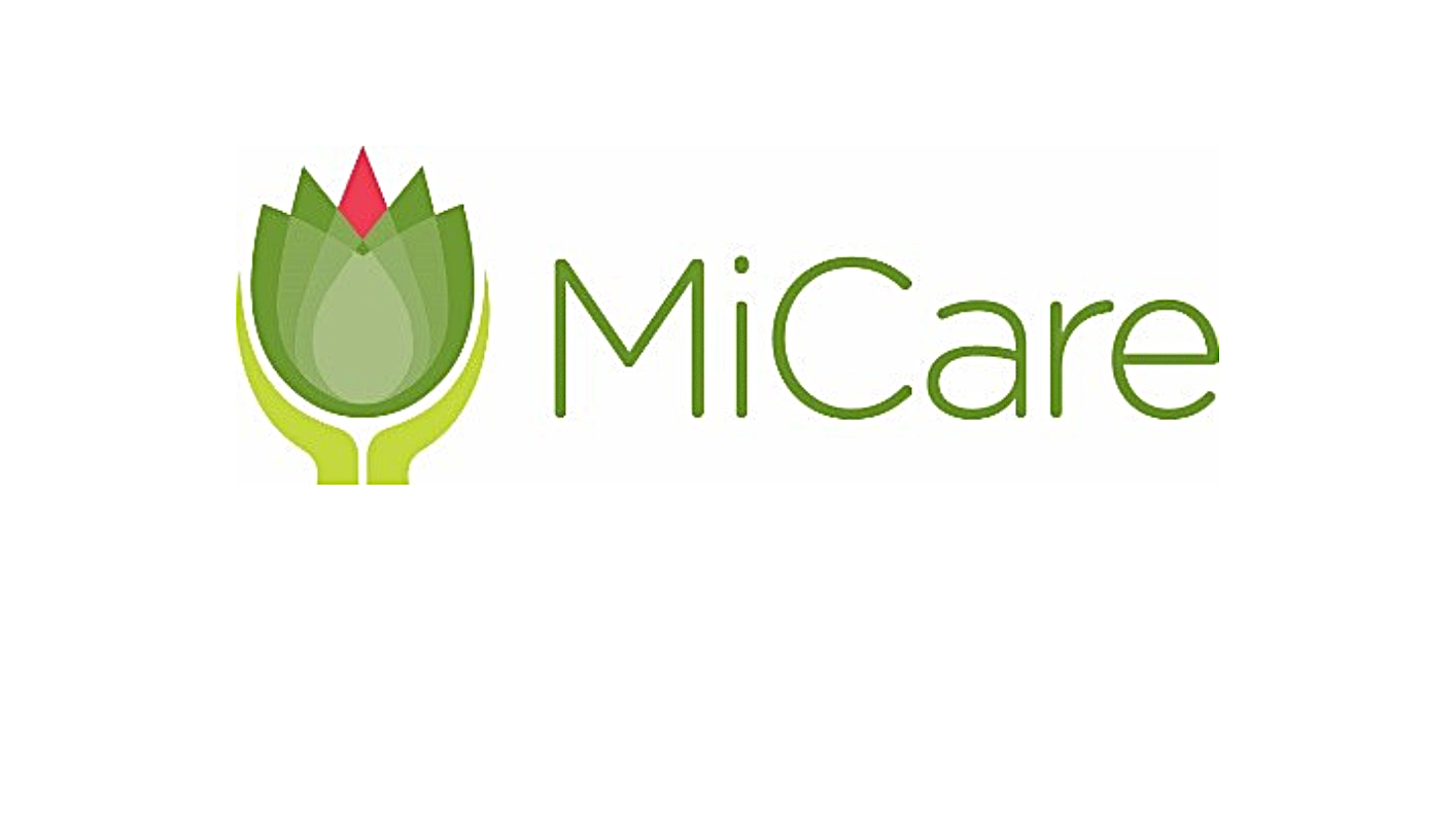 Logo of MiCare with a stylized green flower and red petal, and the text 'MiCare' in green.