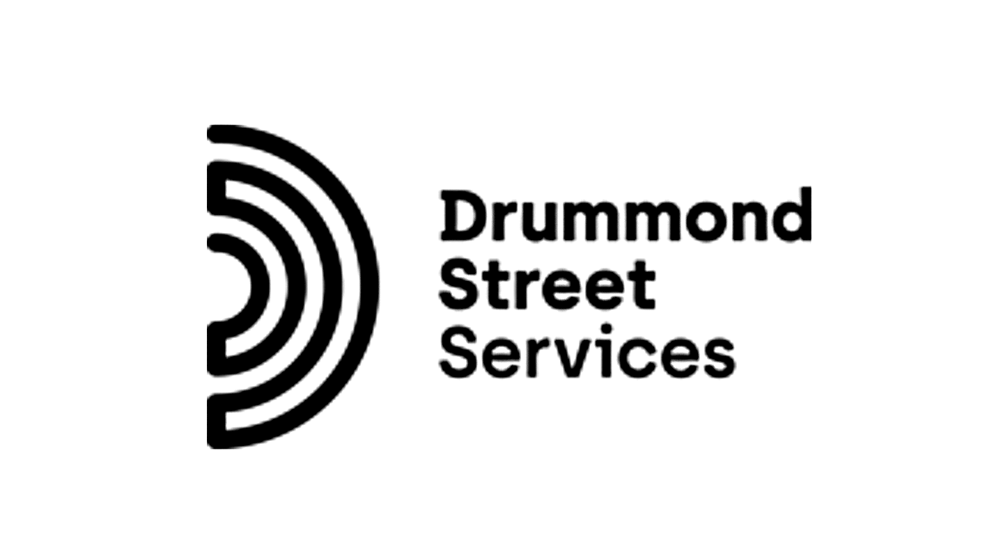 Logo of Drummond Street Services featuring three curved lines resembling a stylized fingerprint or sound waves next to the text 'Drummond Street Services'.