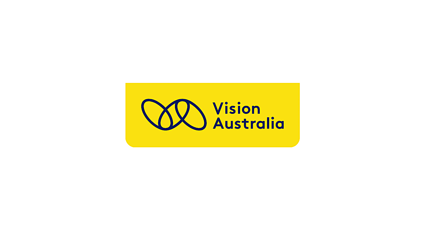 Logo of Vision Australia with a yellow background, blue abstract symbol, and blue text.