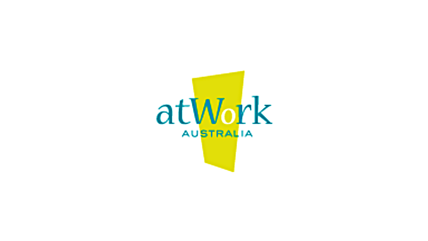 Logo for atWork Australia featuring a yellow and blue design with text