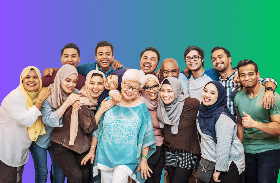 A diverse group of people smiling and posing together, some wearing hijabs, against a rainbow gradient background.