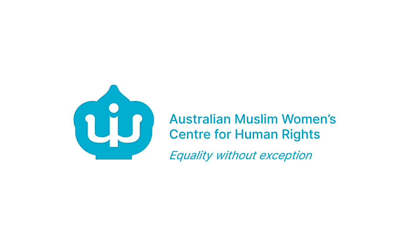 Logo of the Australian Muslim Women's Centre for Human Rights with a blue emblem and the organization's name and slogan in blue text.