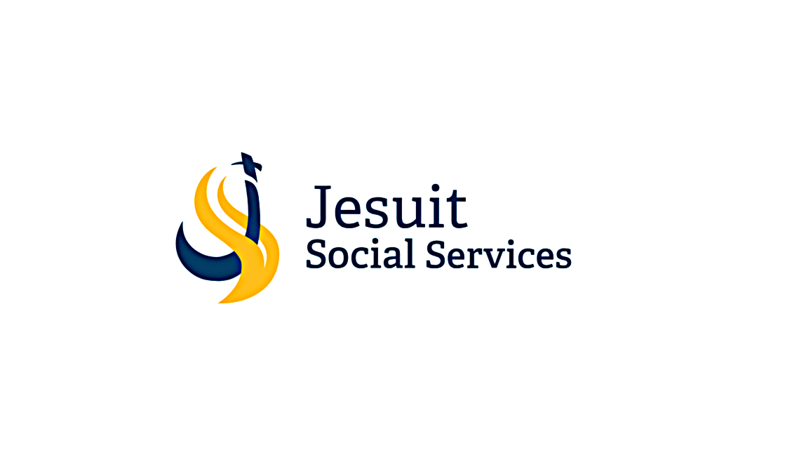 Jesuit Social Services logo with stylized flame and cross symbol and text.