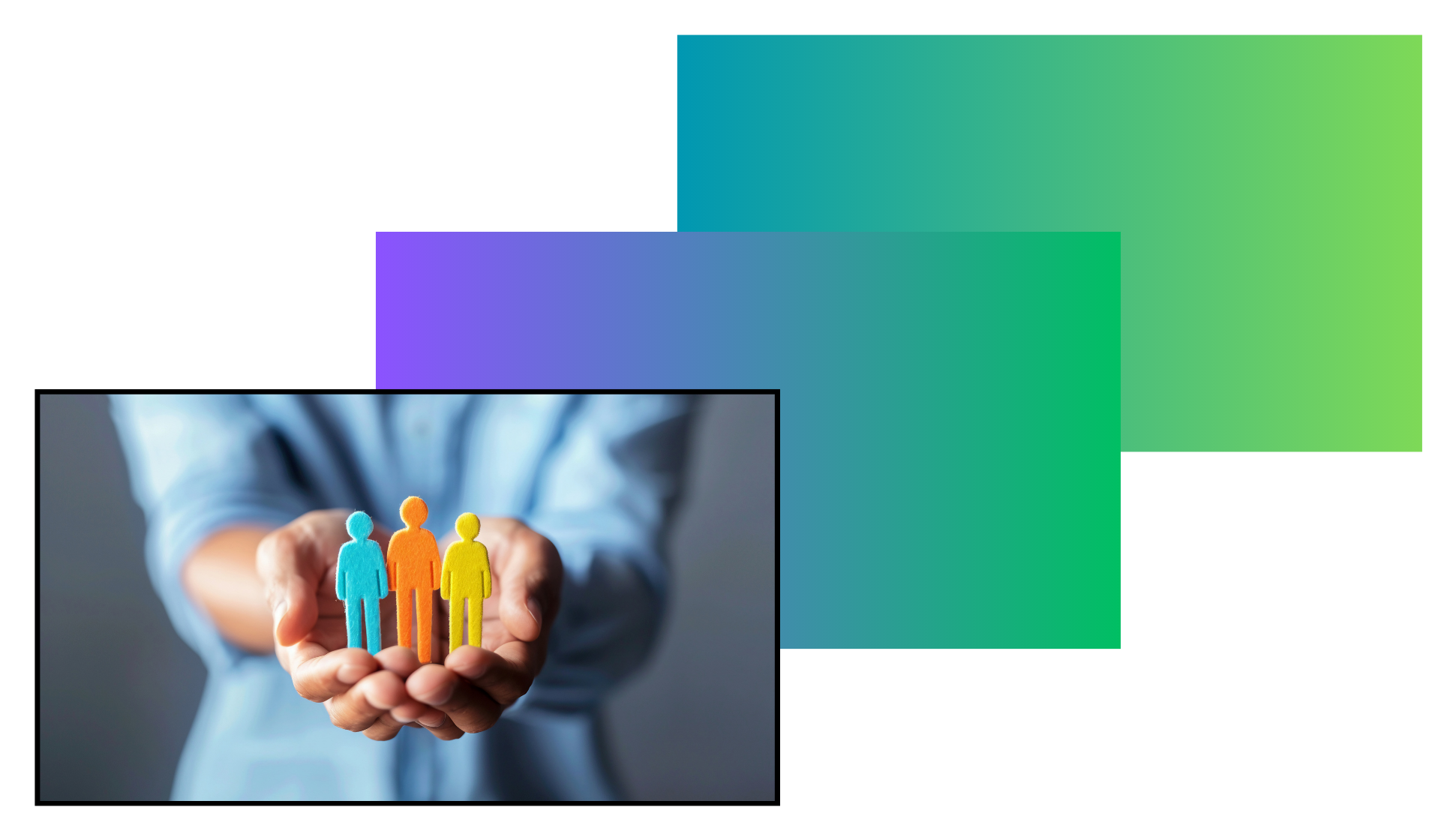 Person holding a small group of colorful paper human figures, with an abstract gradient background.