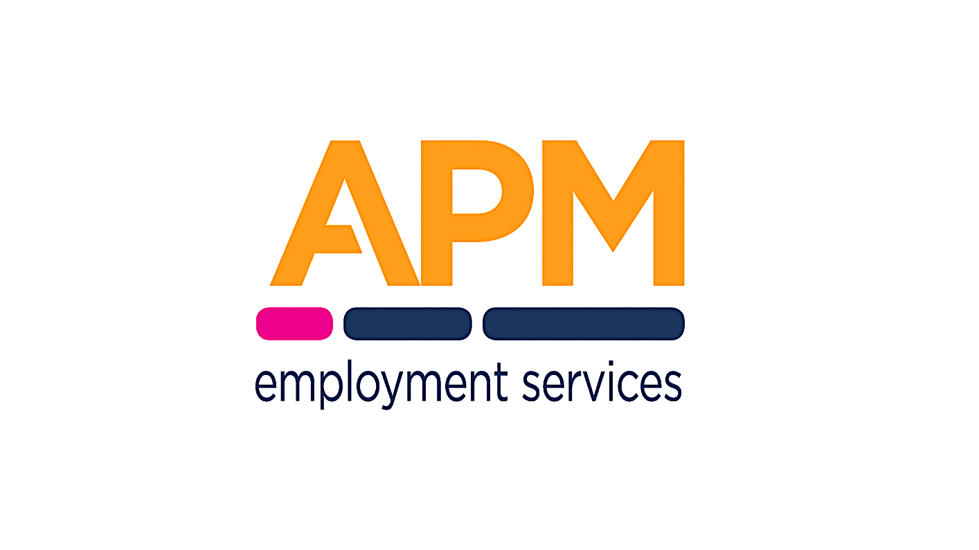 APM employment services logo with orange 'APM' text and pink and navy blue bars, and 'employment services' written underneath.