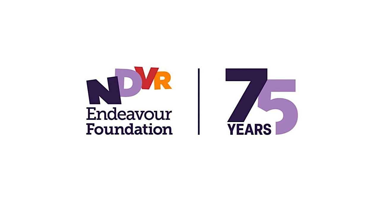 Endeavour Foundation logo with colorful letters and 75 years celebration text.