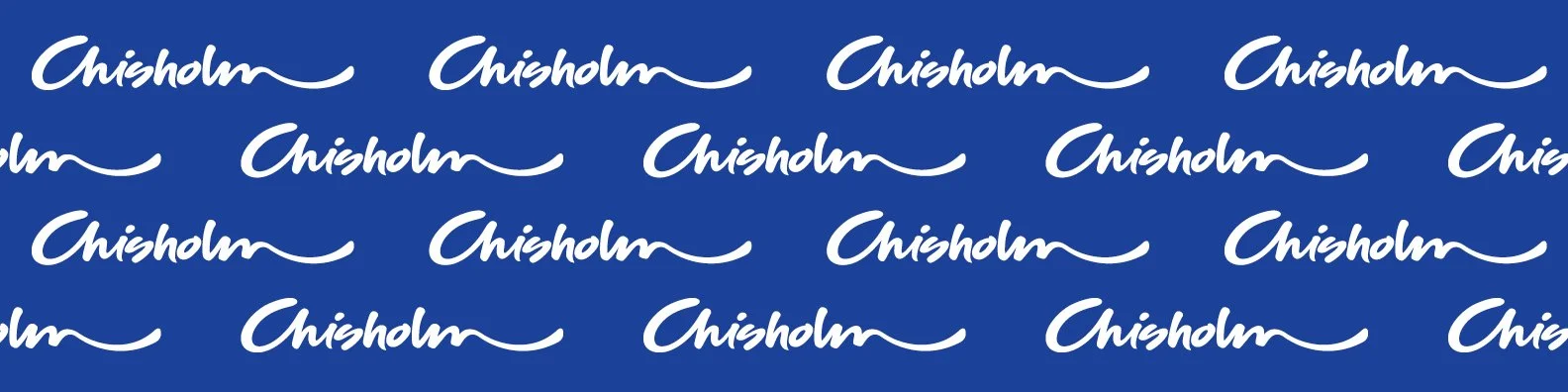 Repeating pattern of the word 'Chisholm' written in white cursive font on a blue background.