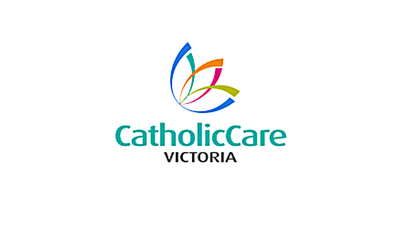 Logo for CatholicCare Victoria with colorful abstract shapes and text.