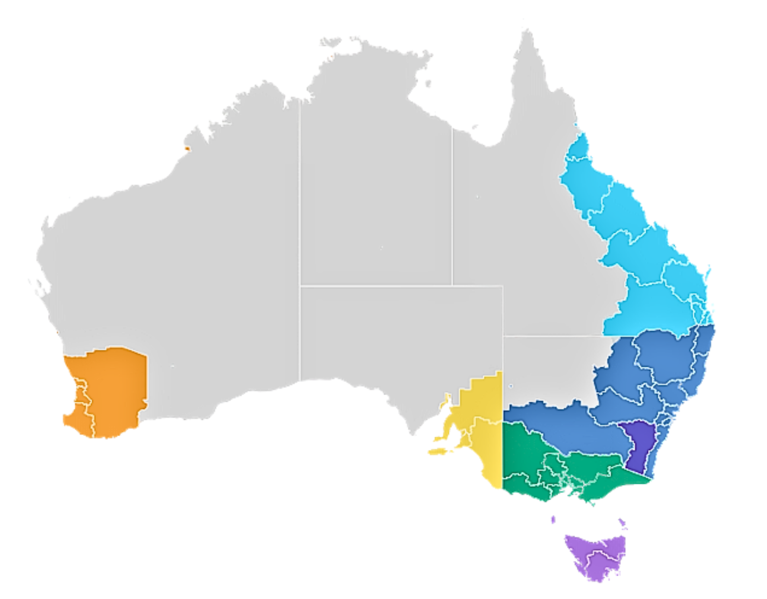 Map of Australia with states colored in different shades of blue, green, yellow, orange, and purple.