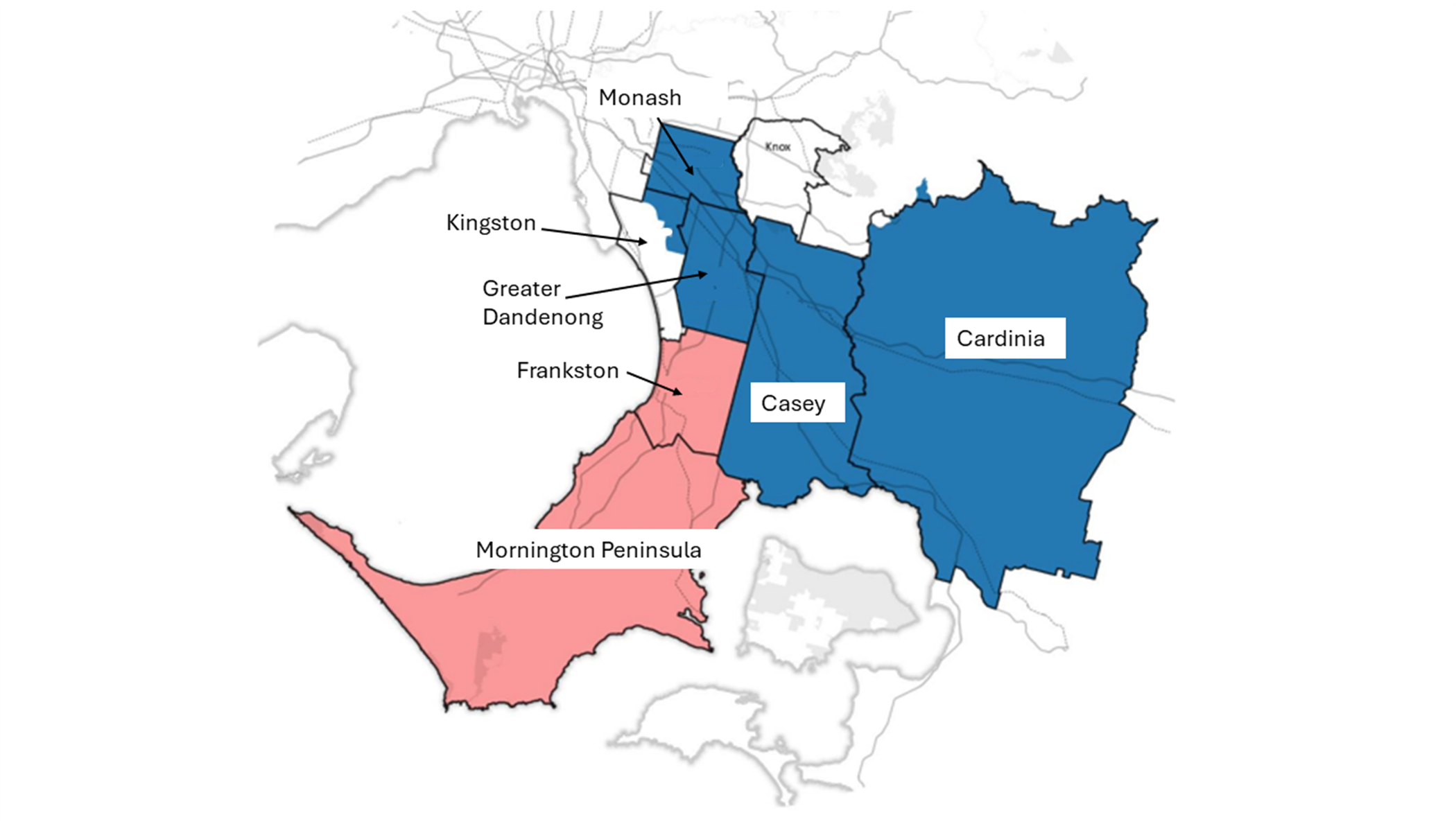A map showing different regions of Western New York, New York City, and the surrounding area, with regions labeled as Monash, Kingston, Greater Dandenong, Frankston, Mornington Peninsula, Casey, and Cardinia, with some regions shaded in pink and others in blue.