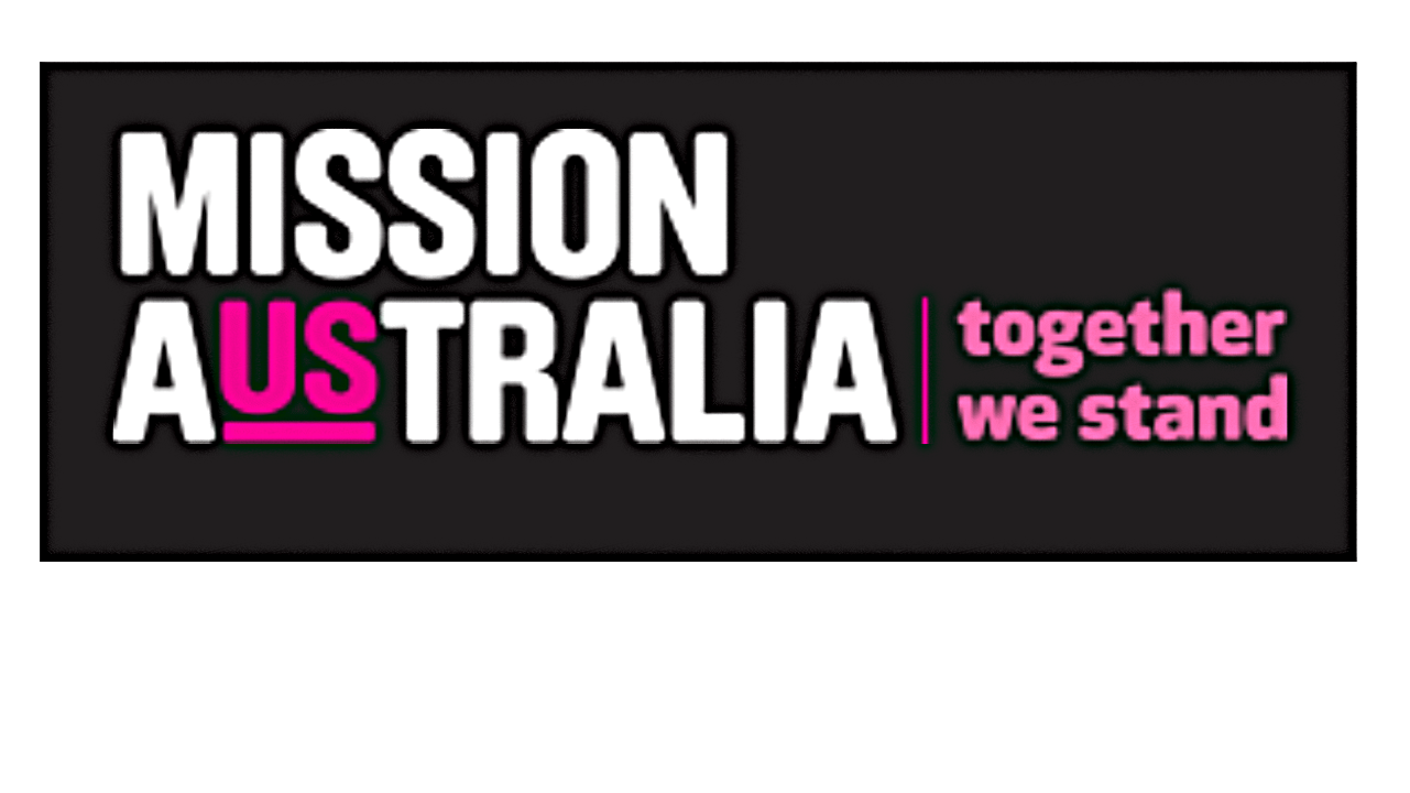 Bold white text on black background reads "MISSION AUSTRA..." with "AUS" in pink and underlined, and pink text on the right says "together we stand."